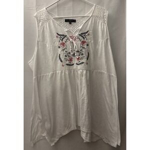 FRED DAVID Embroidered‎ Tank Top Blouse - 3X - Split V-Neck w/Ties, Split Sides